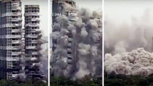 धमाके के साथ गिरे ट्विन टावर, देखिए कैसे आसमान तक उठा धूल का गुबार Chhattisgarh Crimes