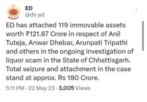 ED ने अटैच की अनवर ढेबर, एपी त्रिपाठी और अन्य की संपत्ति, 121.87 करोड़ की है संपत्ति Chhattisgarh Crimes